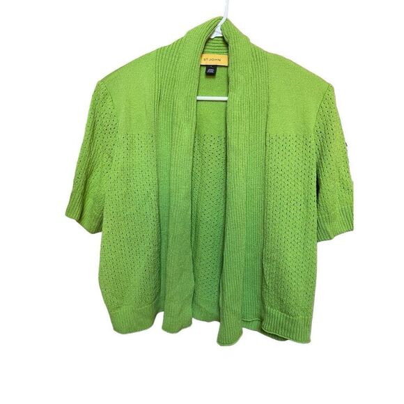 St John Womens Santana Knit Open Front Cardigan L Vert Green Short Sleeve - Picture 1 of 7